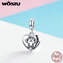 WOSTU, Настоящее серебро 925 пробы, маленькая кошечка Китти, подвеска, подходит для бусин, браслеты, ожерелье, оригинальные ювелирные изделия, FIC955