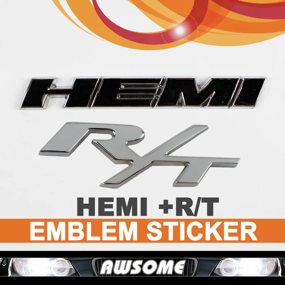 

2Pcs 3D Black HEMI + R/T RT Silver Sticker Decal metal emblem of the trunk of the car Adhesives badge logo Decal for dodge