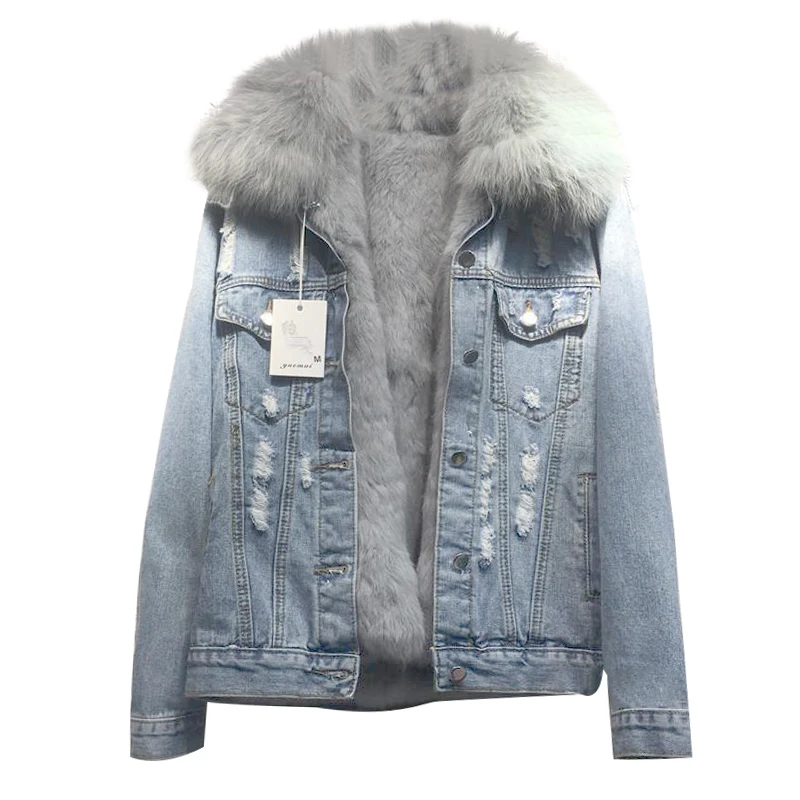 

2018 new loose women's denim coat real rabbit fur line female jacket long sleeve detachable fox fur jeans jacket with fur parka