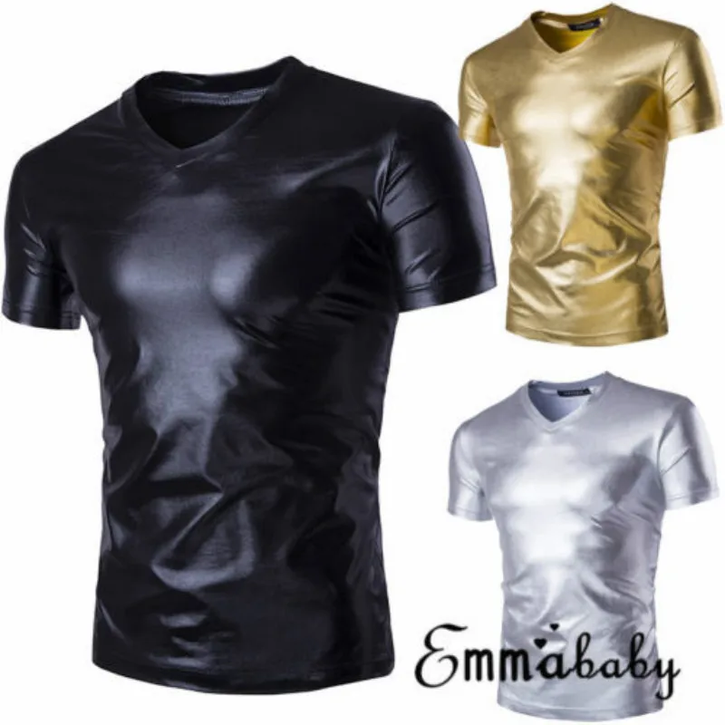2018 emmaaby Мужская Блестящая футболка металлик с коротким рукавом облегающие