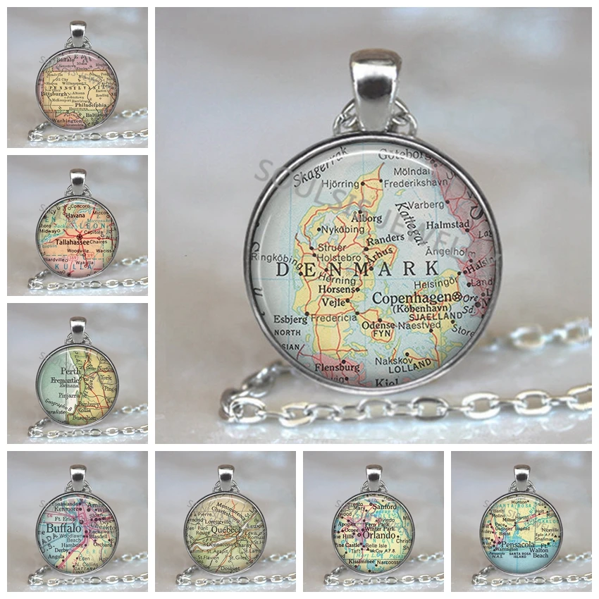 

New Arrived Glass Dome Necklace World Map Pendant Silver Chain Jewelry Quebec Vintage Map Handmade Glass Cabochon Necklace