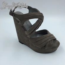 Dark Coffee Suede Wedge Sandal Thick Platform High Heel Shoes Women Summer Style Cross Strap Bukle Side Comfortable Wedges