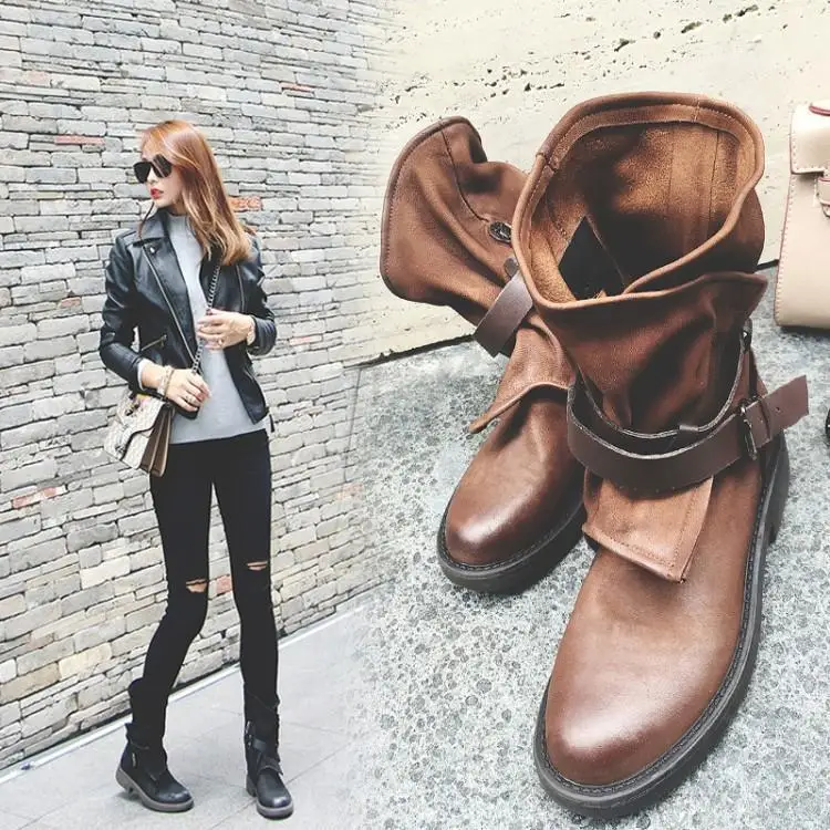 

Retro Brown Blacl Leather Women Martin Boots Round Toe Chunky Heels Motorcycle Botas Mujer Chunky Heels Ladies Shoes Knight Boot