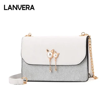 

LANVERA brand women solid totes chains pearl flap handbag hotsale ladies evening purse casual crossbody shoulder messenger bags