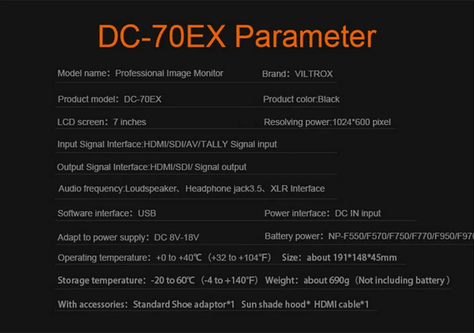 7''Viltrox DC-70EX 4KHD ЖК-монитор HDMI/SDI/AV вход выход Professional TFT экран Clip-on видео дисплей видеокамера DSLR камера