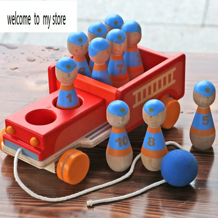 Bowling car fire engine wooden building blocks for 1-2 years old baby gift baby-building-blocks-wooden