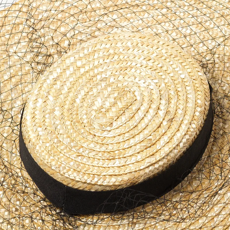 Women Shallow Flat Top Straw Hat with Black Mesh Head cover Female Summer Spring Fashion Retro Large Brim Fedoras