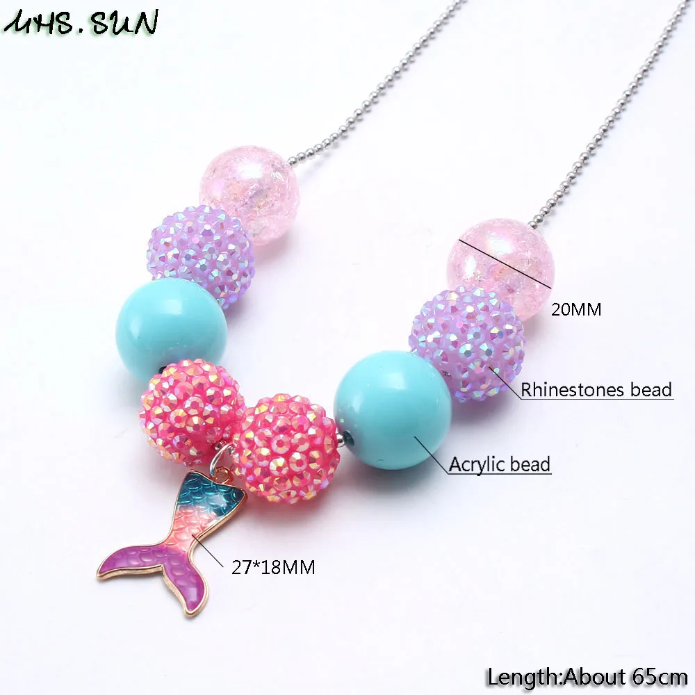 BN609-2 New Arrival Kids Girls Chunky Beads Necklace With Mermaid Tail Pendants Fashiong Long Chain Necklace Chunky Jewelry 1PCS