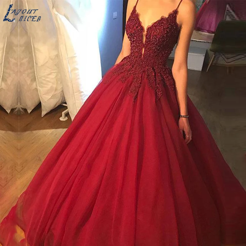 

AE1233 New Sexy Ball Gown Spaghetti Straps Lace Appliques Tulle Evening Dresses Party Prom Dresses Formal Gown robe de soiree