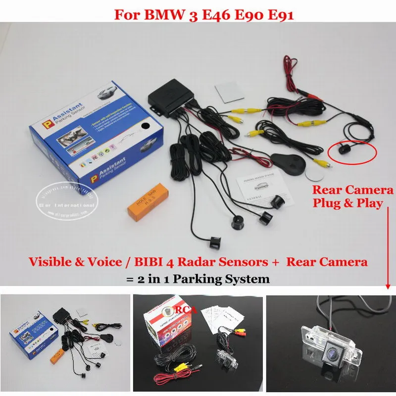 

For BMW 3 E46 E90 E91 - Car Parking Sensors + Rear View Camera = 2 in 1 Visible & Vioce / BIBI Alarm Parking System