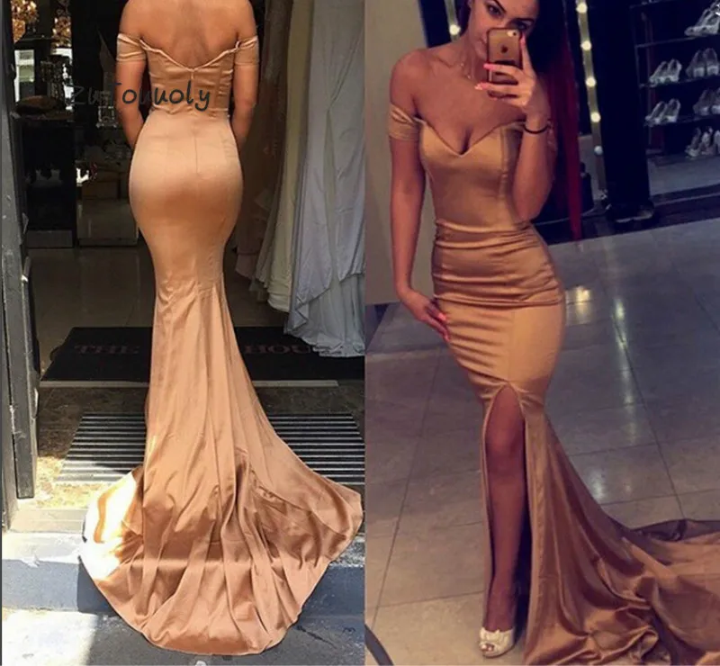 

Simple Gold Mermaid Prom Dress Elegant Off The Shoulder Satin Long Party Dress For Graduation Cheap vestidos de fiesta de noche