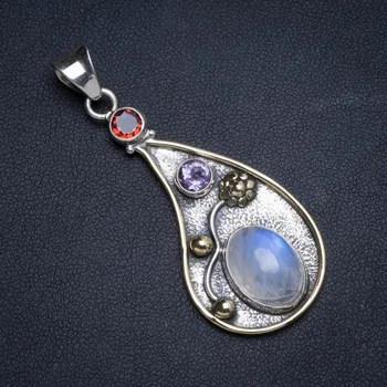 

Natural Two Tones Rainbow Moonstone and Amethyst Handmade Unique 925 Sterling Silver Pendant 2.25" X0134