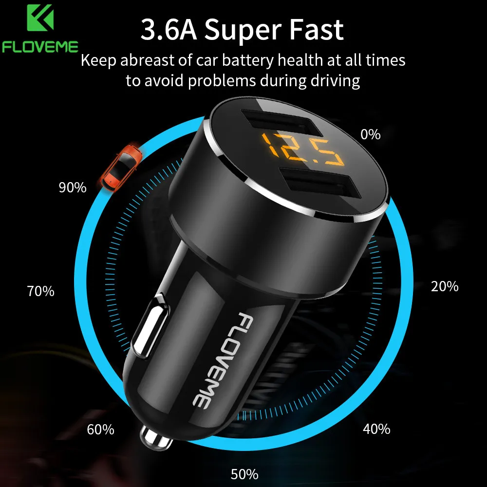 Автомобильное зарядное устройство FLOVEME 5 В двойной USB 3 6 А светодиодный цифровой