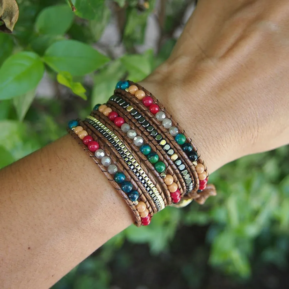 

Multi Color Mix Stone and Crystal Boho Wrap Beadwork Statement Wrist Bracelet Collection for Men and Women