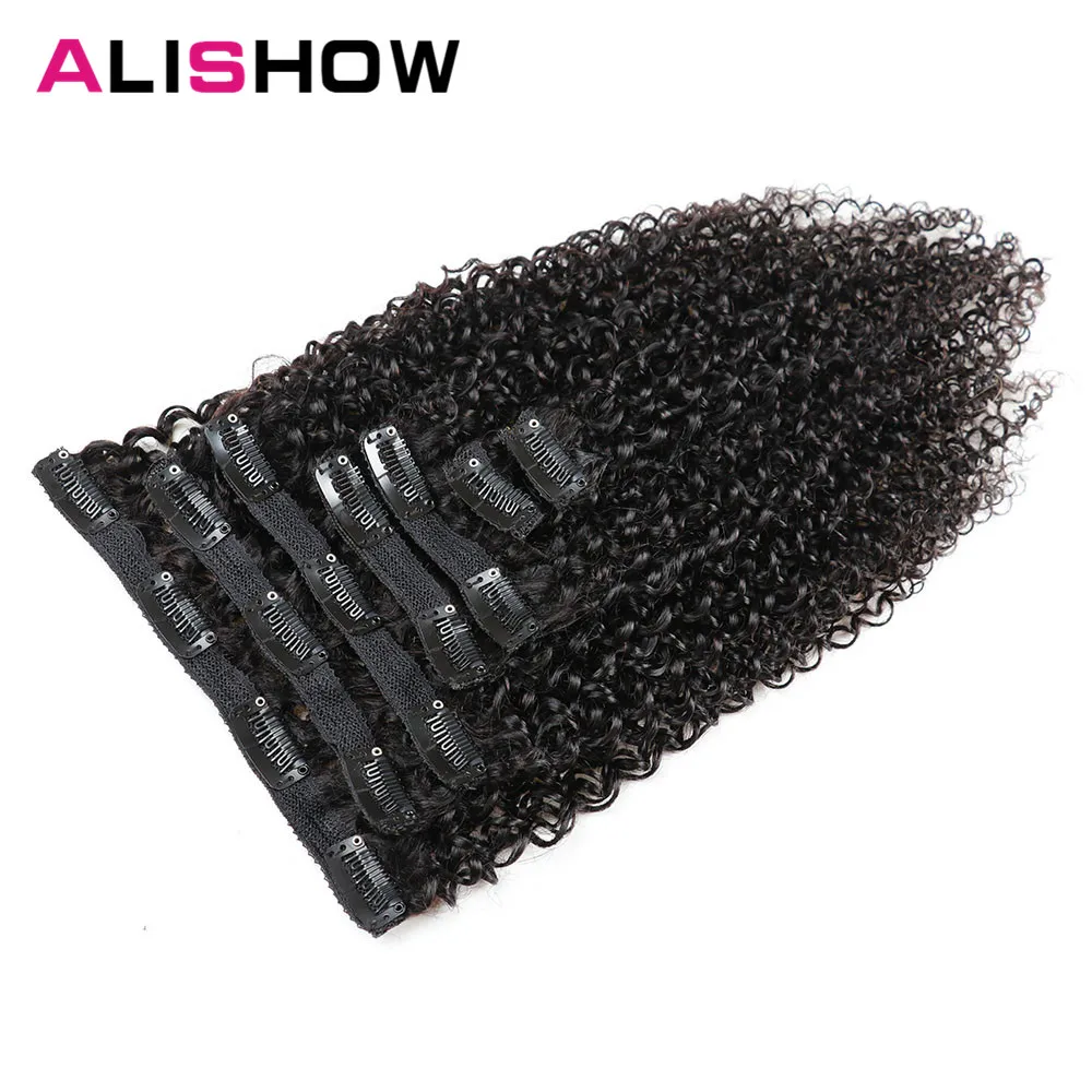 Alishow Indian Afro Kinky Curly Weave Remy Hair Clip In Human Hair Extensions Natural Color Full Head 7Pcs/Set 120G Ship Free