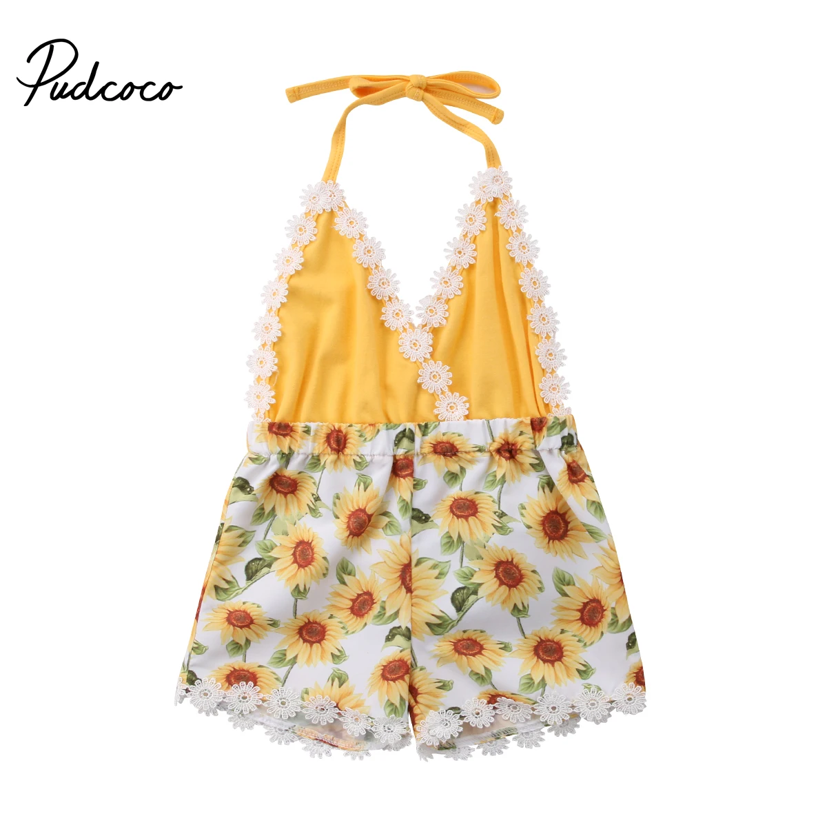 2019 Cute Summer Toddler Baby Girls Rompers Jumpsuits Lace Sleeveless Belt V-Neck Sunfolwer Yellow Patchwork Clothes | Детская одежда и