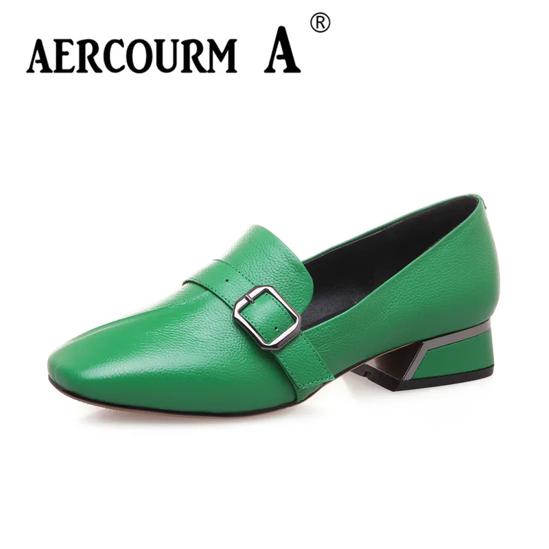 

Aercourm A 2018 Spring Woman Genuine Leather Shoes Pumps Lady High Heels Shoes Square Toe Brand Shoes Metal Button Green LZ6024