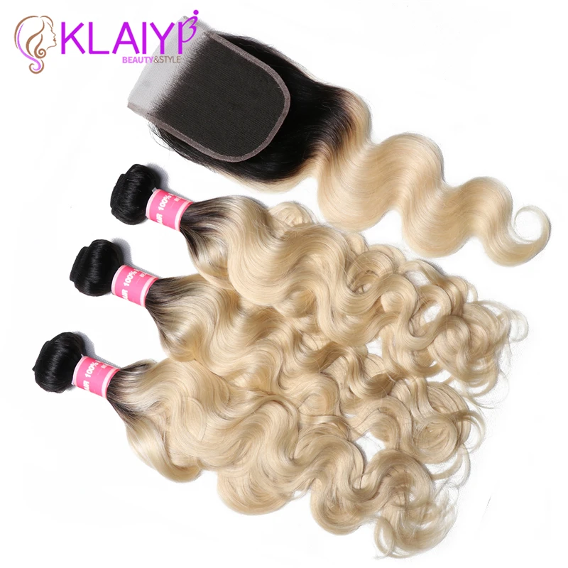 KLAIYI бразильские волосы T1B613 объемная волна с закрытием 4 шт. волосы remy плетение пучки с закрытием человеческие волосы 3 пучка с закрытием