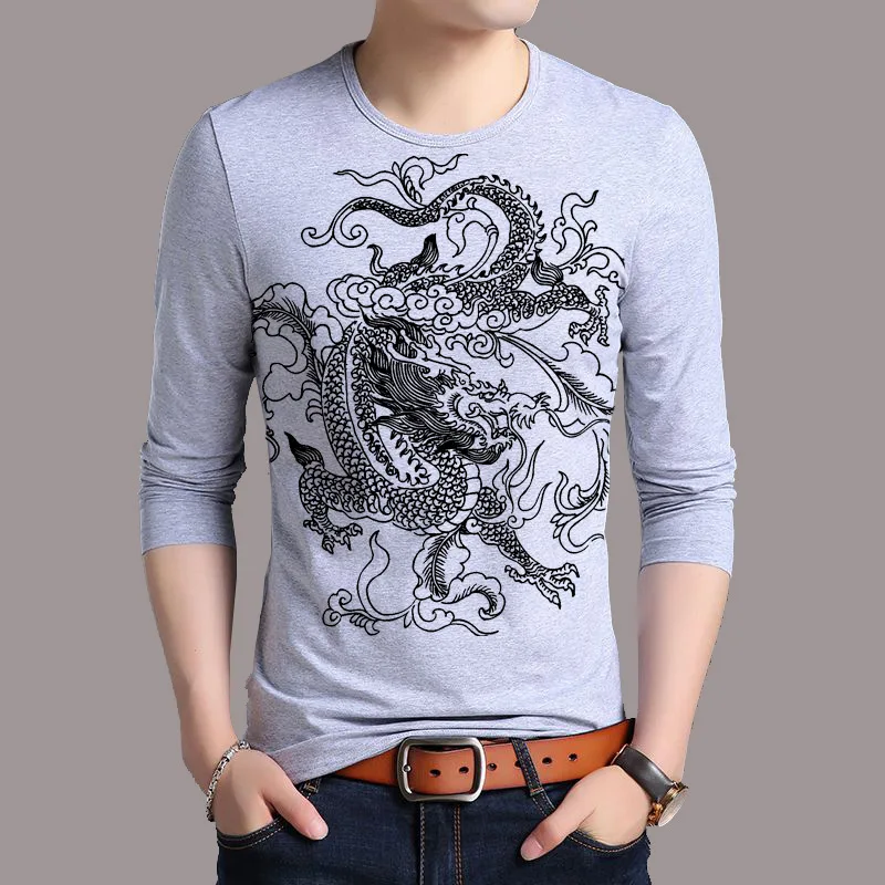 BROWON Для мужчин дракон футболка с принтом Для мужчин с длинным рукавом О-образным вырезом дышащие Повседневное Для мужчин футболка китайской культуры одежда - Цвет: gray3