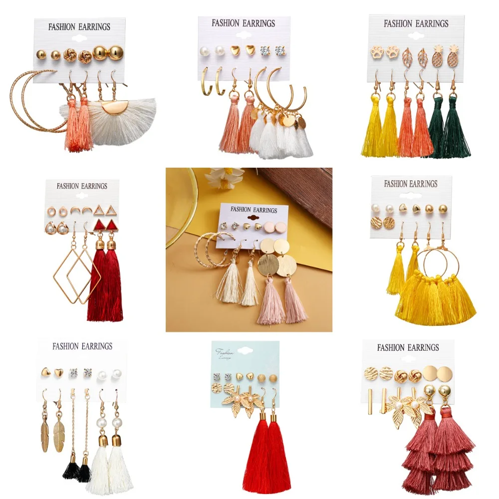 

TJP 2019 New Ethnic Bohemian Tassel Earrings Sets Long Rope Fringes Red Sector Drop Dangle Earrings for Women Party Jewelry