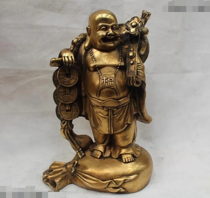 

16"Chinese Brass Lying Money Wealth Ruyi Happy Laugh Maitreya Buddha Statue R0715 Discount 35%