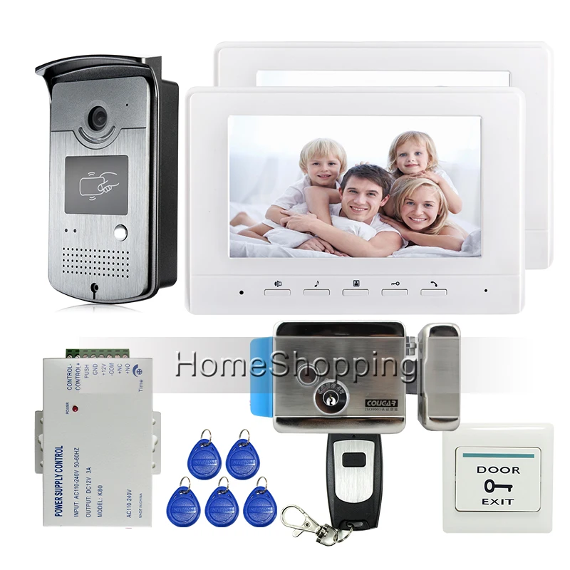 

FREE SHIPPING New 7" Screen Video Intercom Door Phone System + 2 Monitors + Outdoor RFID Access Doorbell Camera + Electric Lock