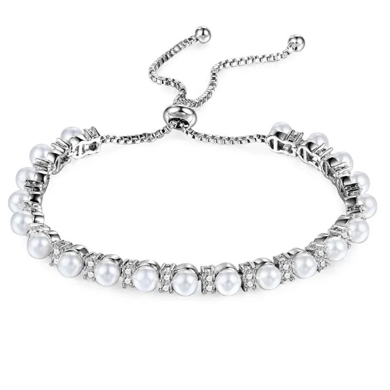

Freshwater Pearl Beads Charm Bracelets & Bangles CZ Crystal Silver Color Fashion Wedding Jewelry For Women Valentine's Day Gift
