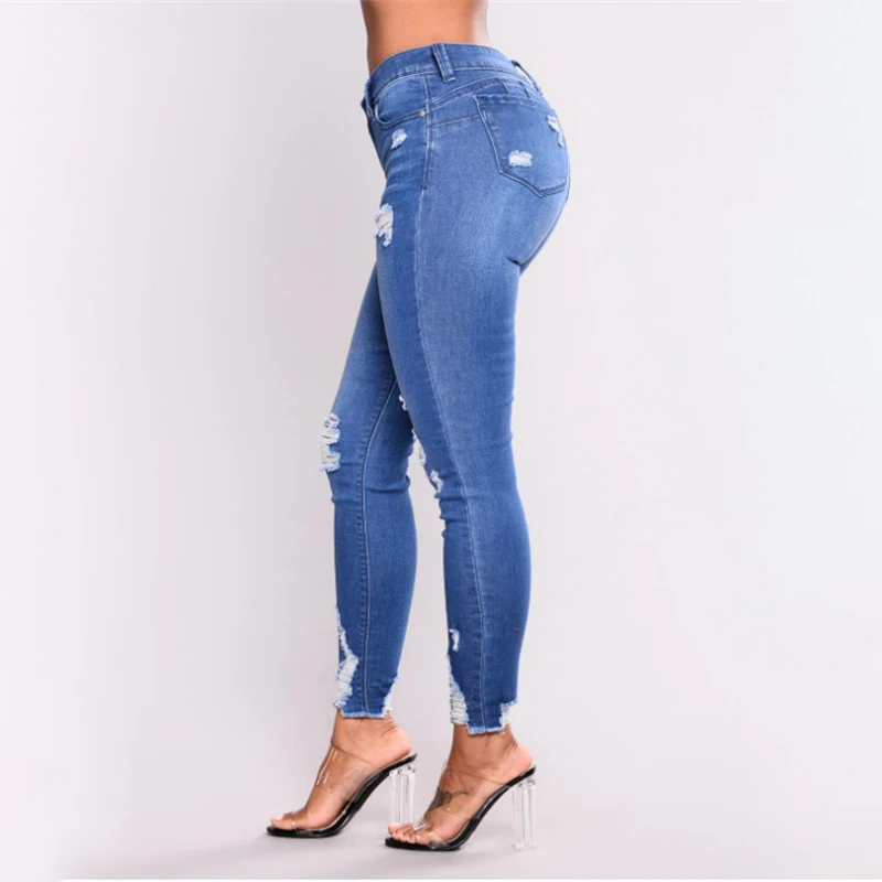 Kaufen 2019 neue Blau Jeans Pancil Hosen Frauen Hohe Taille Schlank Loch Ripped Denim Jeans Casual Stretch Dünne Hosen Jeans