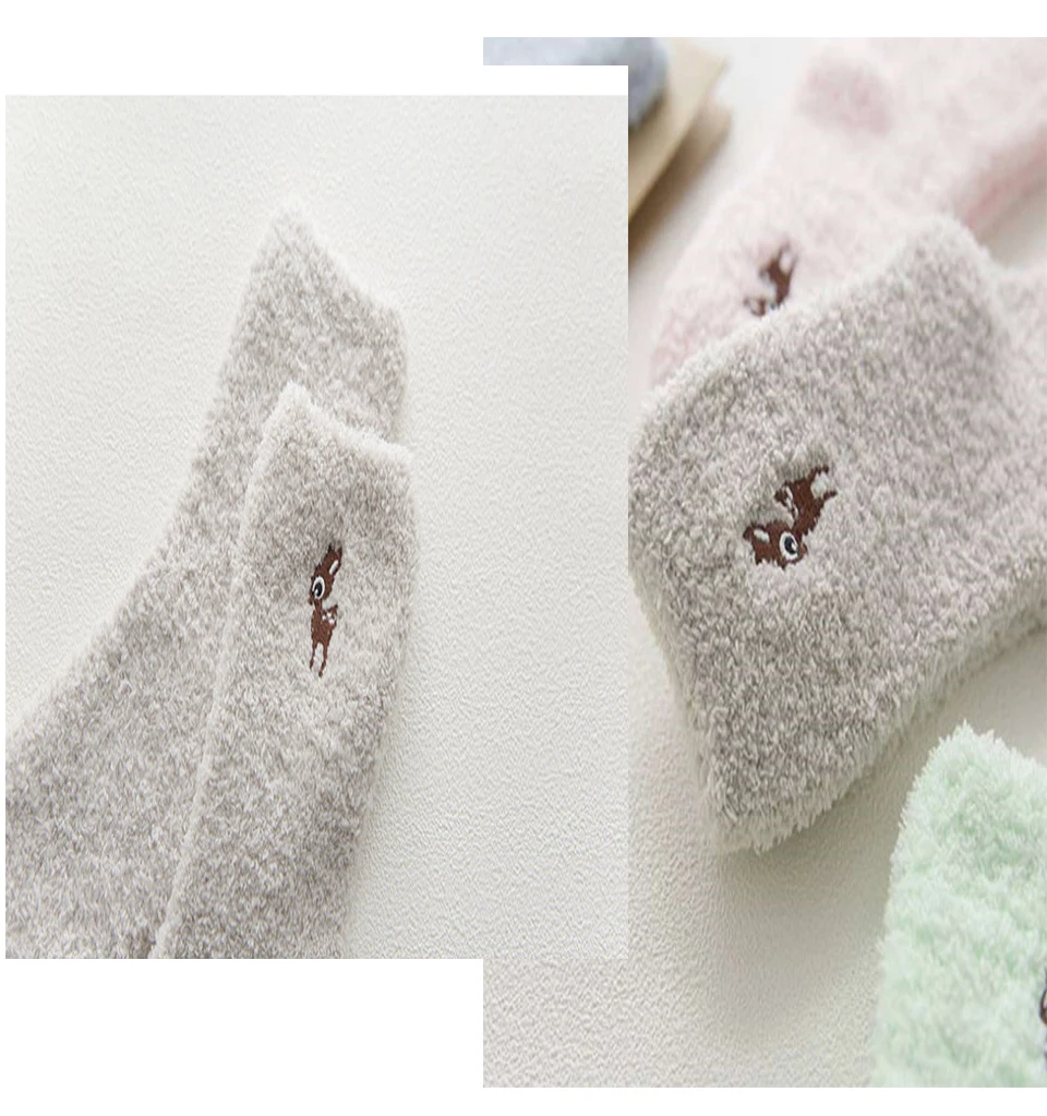 Autumn And Winter Wholesale Casual Cartoon Animal Elk Embroidery Plus Velvet Thick Coral Floor In The Tube Socks Home Ladies (12)