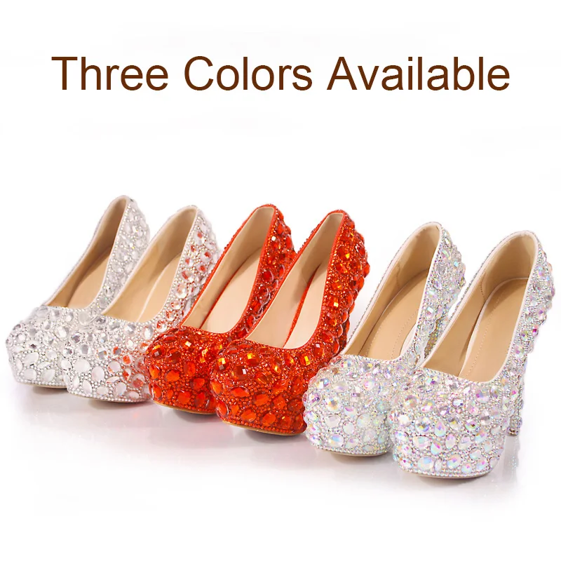 Crystal Wedding Shoe Large Size Super High Heel Round Toe slip-on Women Pumps with Platform for Party Banquet Bridesmaid bridal
