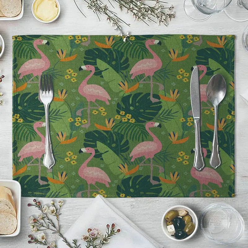 

4PCS Flamingo Table Mats Set Cotton Linen Tropical Placements Anti-Skid Food Mats Pad for Home Kitchen Dining Table Decoration