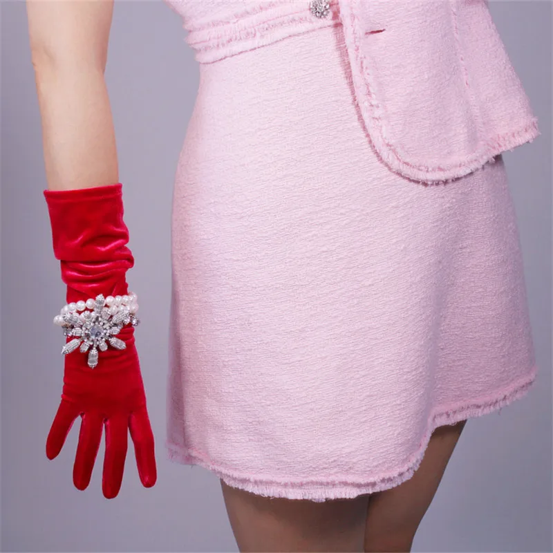 

Velour Gloves Medium And Long Section 40cm Pink Rose Red Female Models High Elastic Swan Velvet Gold Velour Touch Function WSR06