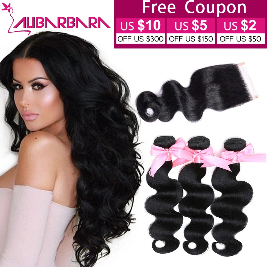 Alibarbara Peruvian Virgin Hair Body Wave 3 Bundles with Lace Closure 7A Unprocessed Human Hair Weaves Cheap Peruvian hair #1b