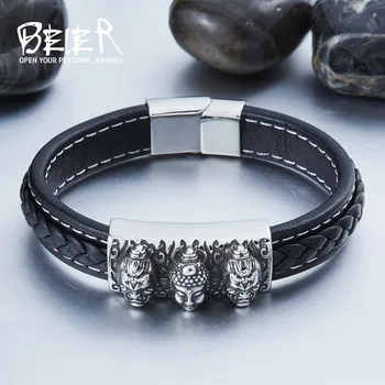 

BEIER Wholesale Dropshipping Man's High Quality Genes Leather Simple Style 3 Buddha Bracelet Bangle For Man BC-L017