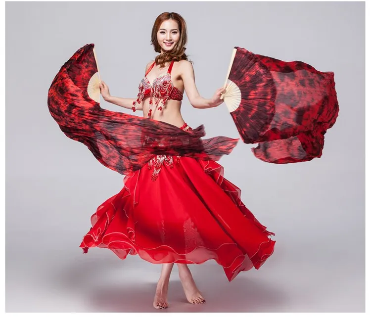 Tie-dyed Belly Dance Hand Fan Veils Women long Silk Long Fan Bamboo Fans Stage 