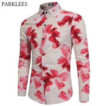 

3D Floral Ink Painting Shirt Men Casual Slim Fit Mens Dress Shirts Hip Hop Hawaiian Beach Print Social Shirts Chemise Homme Tops