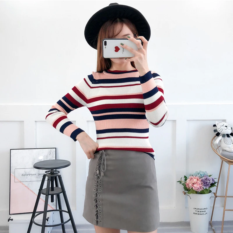 Harajuku Sweater Ladies Multicolor Striped Pullover Sweaters Slim Long Sleeved Flat Knitted Sweater Winter Clothes Women
