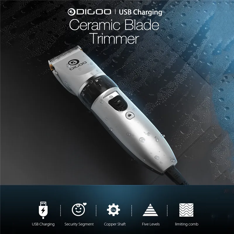 Digoo BB-T1 USB Professional Adjustable Ceramic Blade Electric Hair Trimmer Rechargeable Hair Clipper 4X Extra Limiting Comb Men