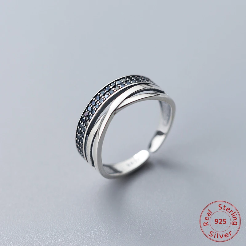 

Black Cubic Zirconia Punk Style 100% 925 Sterling Silver Ring Open Rings For Women Creative Design Lady Fashion Jewelry