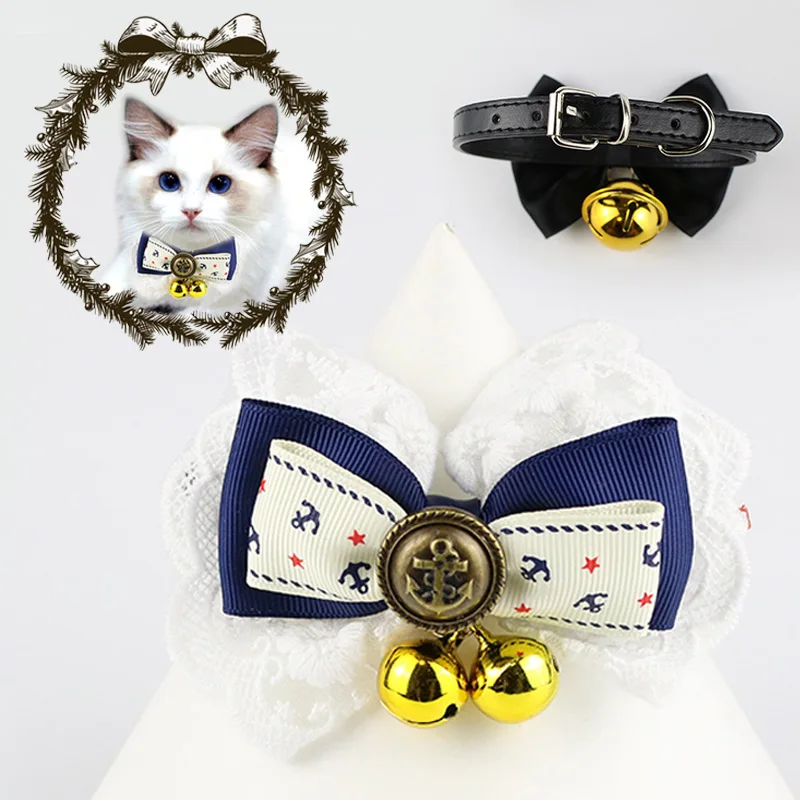 Cute Pet Cat Collar Leather Bell Bow Lace Ribbon Decorative Collar Pet Fashion Clothing Accessories Collar Adjustable Necklace