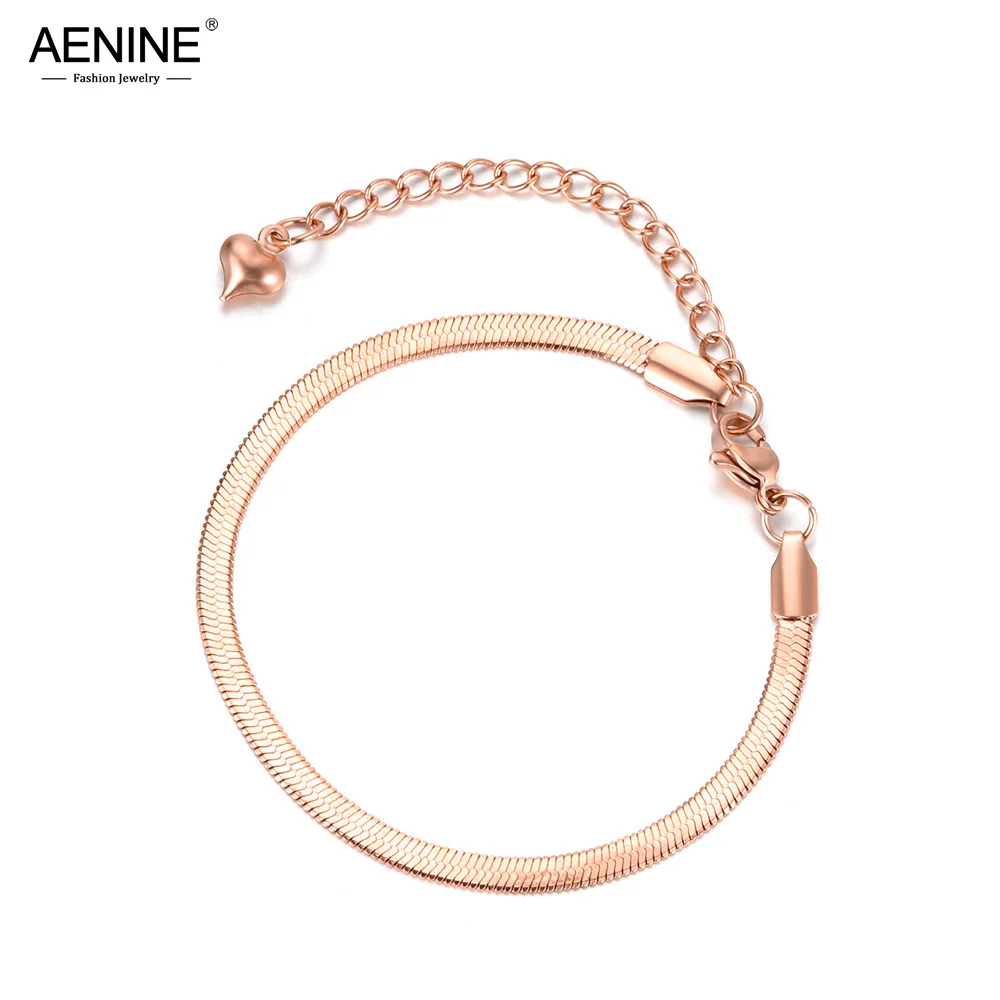 

AENINE Trendy Jewelry Stainless Steel Snake Chain & Link Thin Bracelet Rose Gold Charm Bracelet For Women Chirstmas Gift AB18075