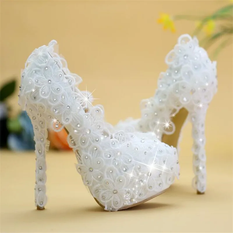 8cm/11cm/14cm Women Fashion Wedding shoes Lace white crystal Bridal Shoes wedding Bridesmaid Dress shoes afbeelding