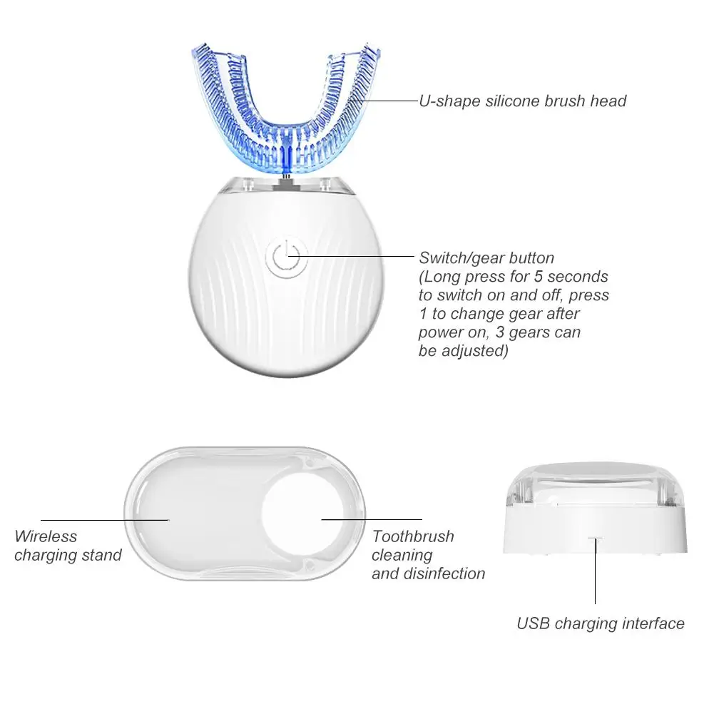 360 градусов Автоматическая звуковая электрическая зубная щетка u-типа электрическая Беспроводная зарядка Водонепроницаемая Синяя легкая