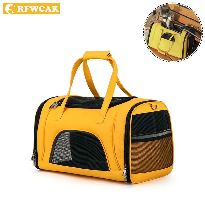 

RFWCAK Pet Carrier Cat Dog Bag PU Leather Breathable Travel Transport Carrying Bag Sling Backpack Pomeranian Chihuahua Handbags
