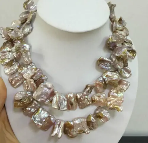 

double strand 12x16mm natural baroque gold pink purple pearl necklace 18-22''
