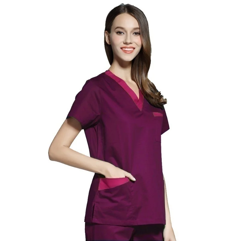 High Quality Women's Medical Uniforms Scrub TOP Short Sleeved V-neck Color Blocking Top Surgery Pharmacy Clothes (juat A Top)