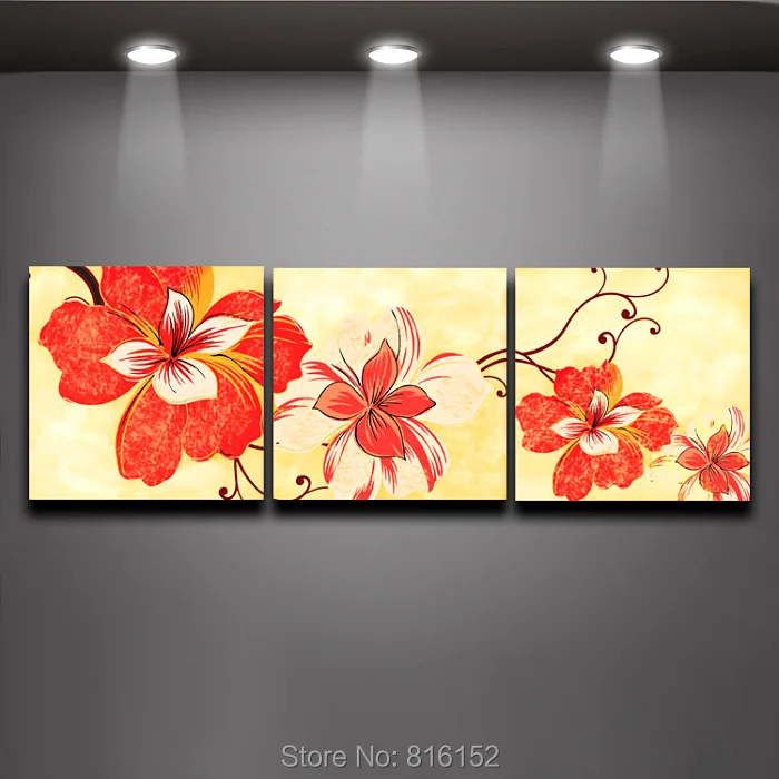 3 Panels Orange Flower Picture Digital Painting Canvas Prints Mural Art