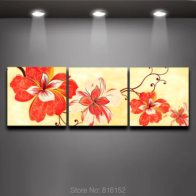 3 Panels Orange Flower Picture Digital Painting Canvas Prints Mural Art