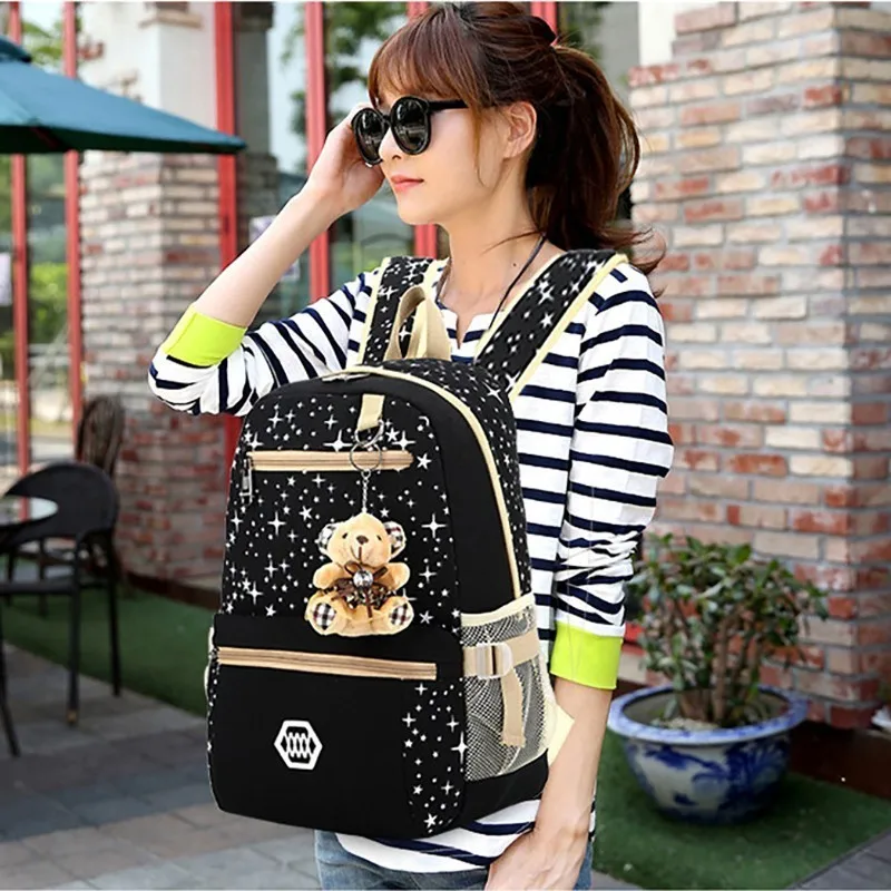 Women 3pcs/set Canvas Backpack Bagpack Star Printing Cute Backpacks With Bear Bagpack For Teenagers Girls Back Pack Bagpack Women 3pcs/set Canvas Backpack Bagpack Star Printing Cute Backpacks With Bear Bagpack For Teenagers Girls Back Pack Bagpack