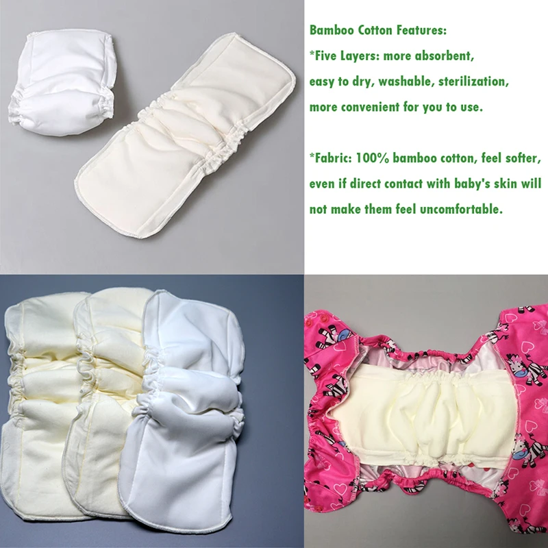 5 Layers Natural bamboo cotton waterproof diaper insert Reusable baby nappies LK 